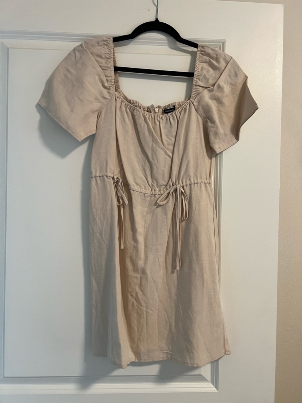 Forever 21 Cream Short-Sleeve Drawstring Mini Dress